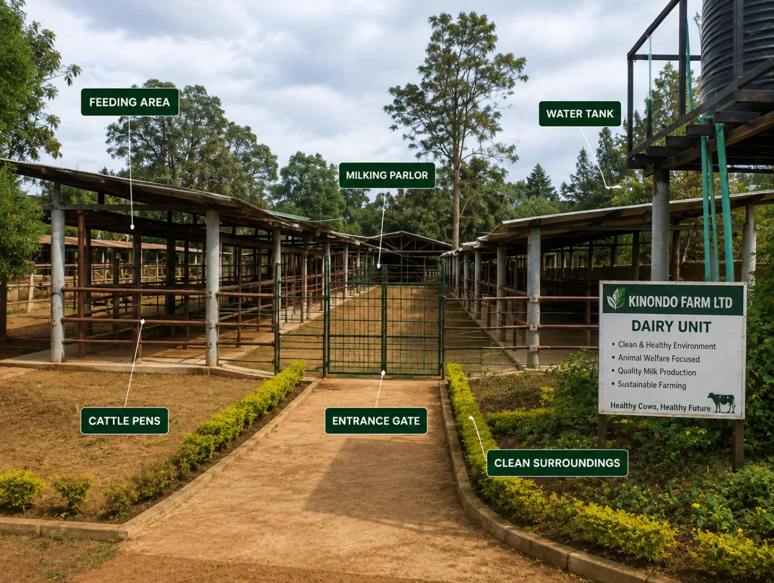 Kinondo dairy unit with labelled feeding area and milking parlour